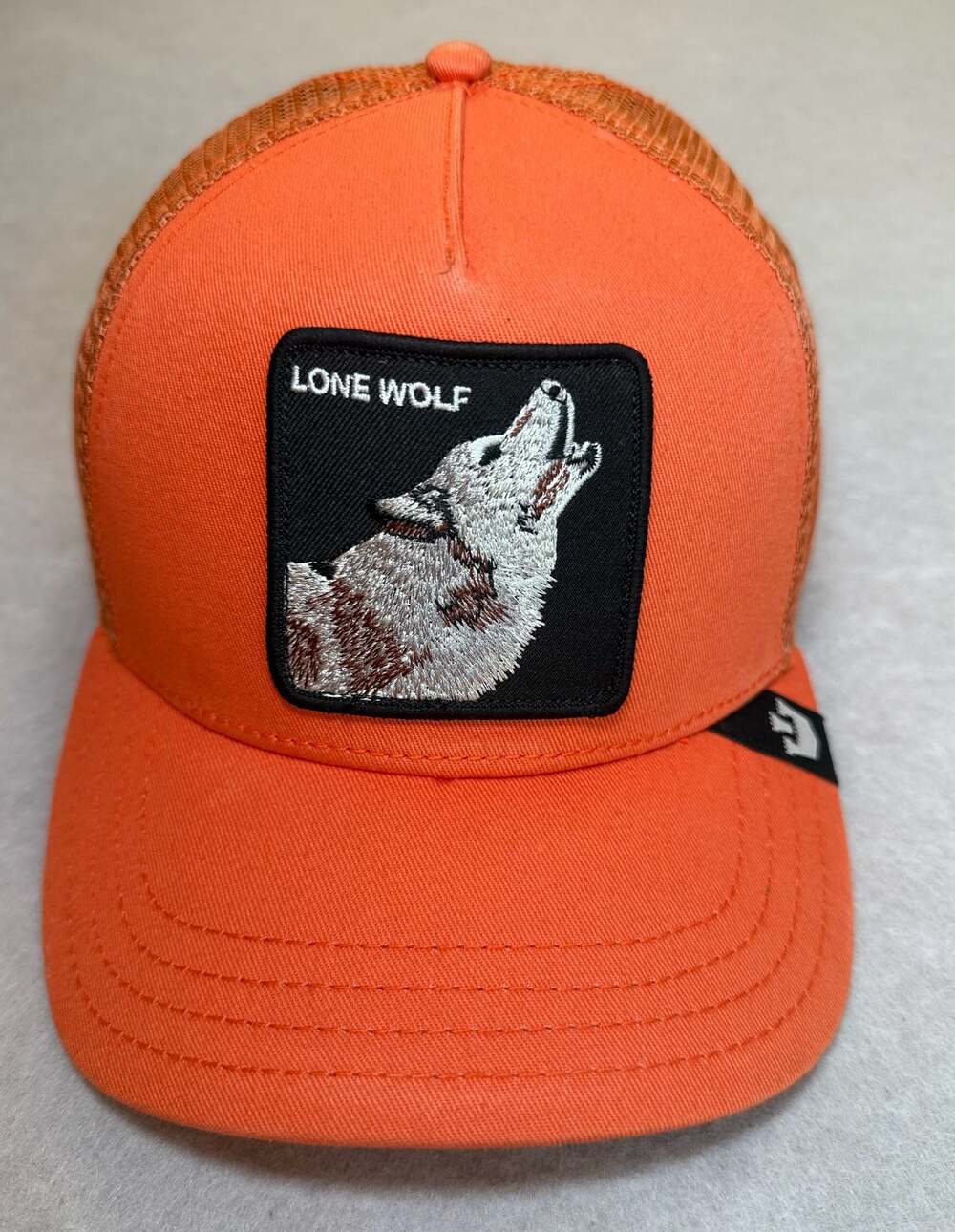 Goorin Bros The Farm Lone Wolf Trucker Hat Orange Wolf Patch Snapback